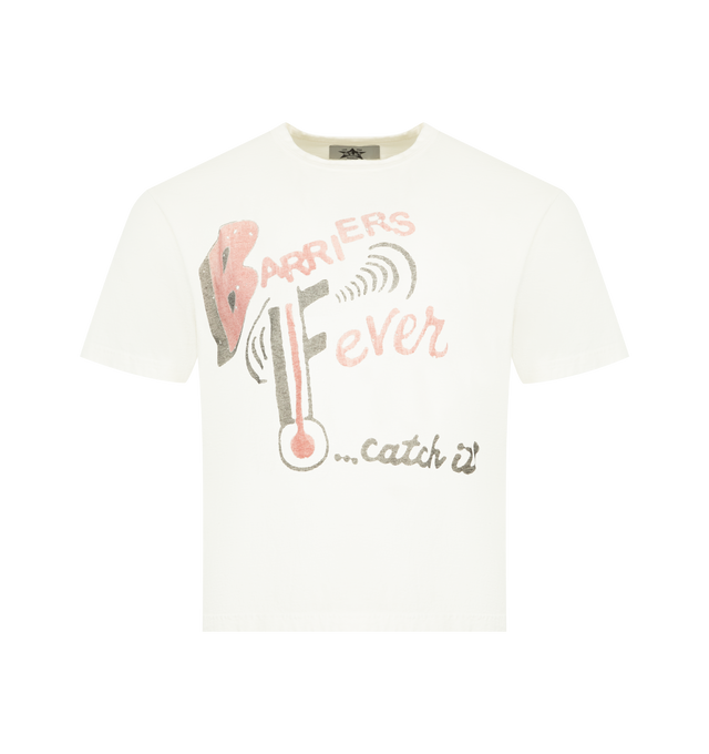 Image 1 of 2 - WHITE - BARRIERS Fever Tee featuring crew neck, short sleeves, light distressing for vintage effect, oversized screen printed graphic and boxy fit. 100% cotton.