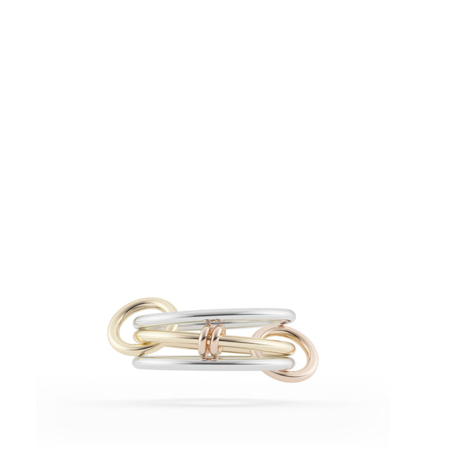 Image 1 of 1 - MULTI - SPINELLI KILCOLLIN Acacia MX Ring featuring three-link ring. Two outer links are sterling silver, while the center link is 18k yellow gold. Two rose gold annulets can be found on the center link. Lastly, there is one yellow gold connector, and one rose gold connector.  For personal consultation and detailed information about jewelry, please contact our dedicated stylist team at personalshopping@hirshleifers.com. 