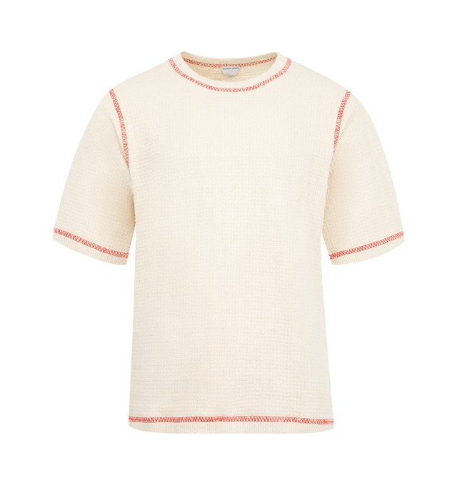 Image 1 of 2 - WHITE - BOTTEGA VENETA Cotton Waffle T-Shirt featuring midweight cotton, crew neck, short sleeves and contrast stitching. 78% cotton, 22% polyamide. Made in Italy.