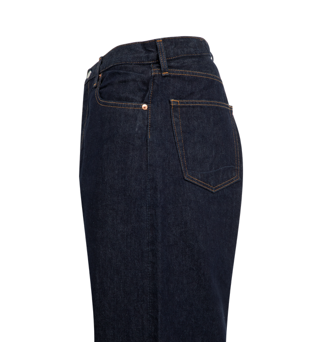 Image 3 of 3 - NAVY - ORSLOW Super Dad's Denim Pants featuring wide fit leg and seat, Japanese denim, zip fly and five pocket construction. 100% cotton. Made in Japan.