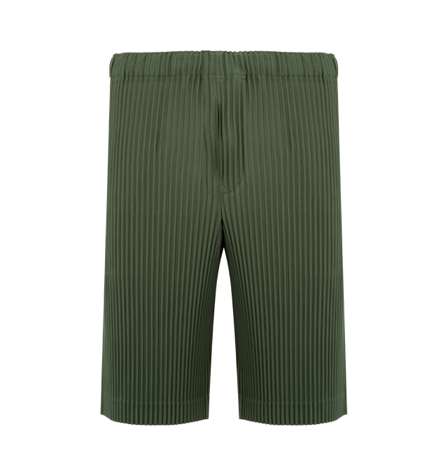 Image 1 of 3 - GREEN - ISSEY MIYAKE Shorts featuring pleated jersey material, quick-drying property, pockets on both sides, a drawcord at the waist and a button-fly design. 100% polyester. Made in Japan.