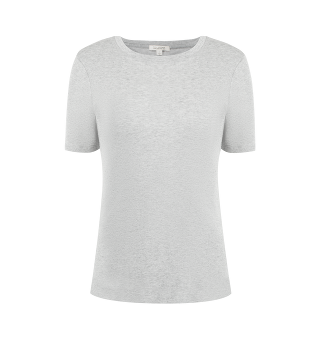Image 1 of 2 - GREY - NILI LOTAN Elin Tee featuring Lightweight crewneck tee in American cotton. Slim body. Self trim at neck. Top stitch detail at neck. Interior binding at shoulder and back neck. Cover stitch at hem and sleeve. 100% cotton. Made in USA.