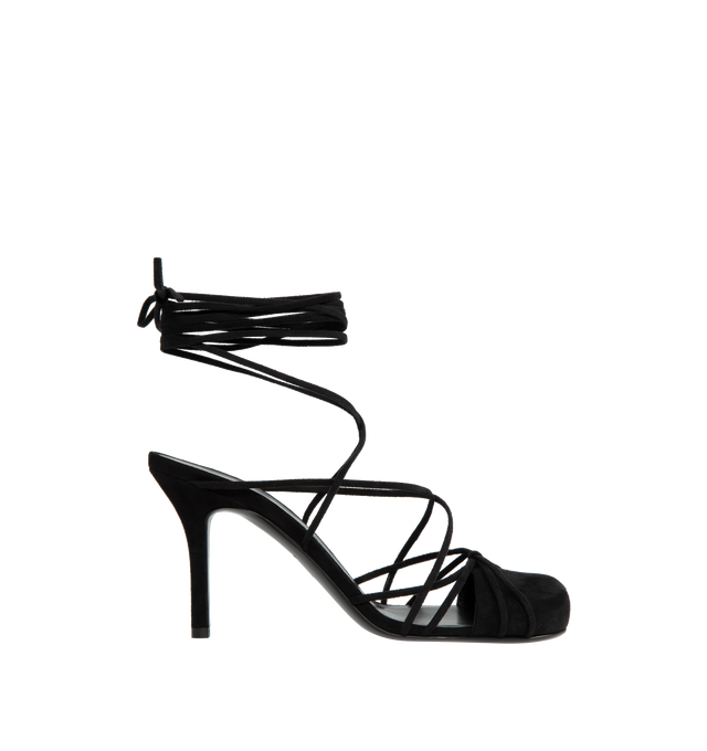 Image 1 of 1 - BLACK - The Row strappy heeled sandal in shiny patent leather with closed cap toe and leather ankle straps. 3.5 in. Heel. 100% Leather. Made in Italy. 