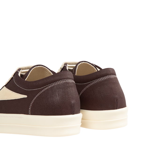 Image 3 of 5 - BROWN - DRKSHDW Vintage Sneaks Sneakers featuring low-top, lace-up closure, padded collar, calfskin suede appliqu at sides, twill lining, treaded rubber sole and contrast stitching in white. Upper: textile, calfskin. Sole: rubber. Made in Italy.