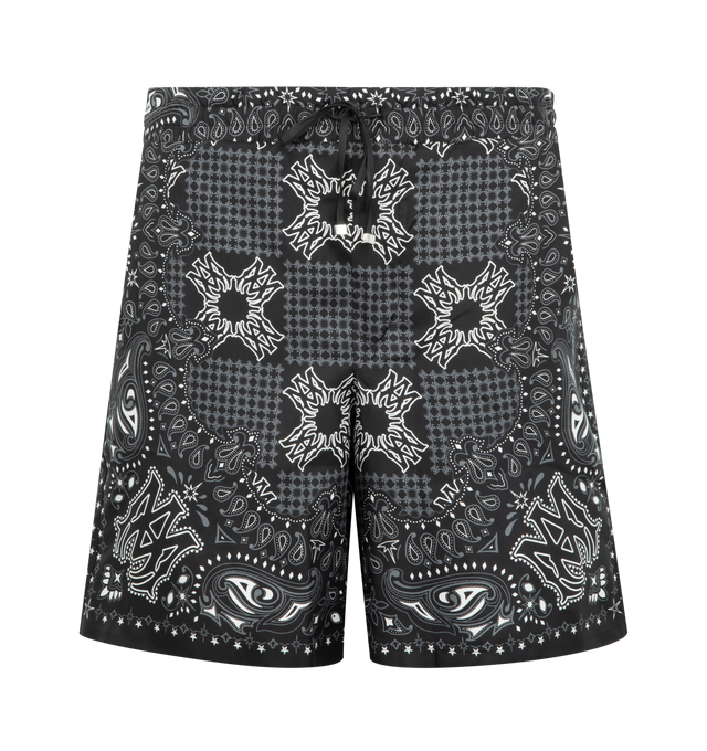 Image 1 of 3 - BLACK - Amiri Mens MA Check Silk Shorts are crafted from silk. Features an elasticized waistband with drawcord, side seam pockets, and all-over MA Check print combining the signature bandana motif with the MA Quad monogram. Main Material: 100% Silk. Made in Turkey.