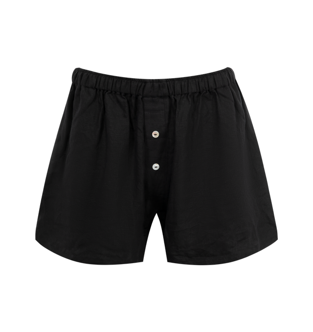 Image 4 of 6 - BLACK - DEIJI STUDIOS 03 Set featuring an oversized box fit linen shirt with wide arms and a front pocket designed to sit mid rise, the loose fitting boxer style shorts have a faux button down fly and an elastic waist for extra comfort. 100% GOTS certified organic, OEKO-TEX 100 certified and EU certified stone washed french linen.