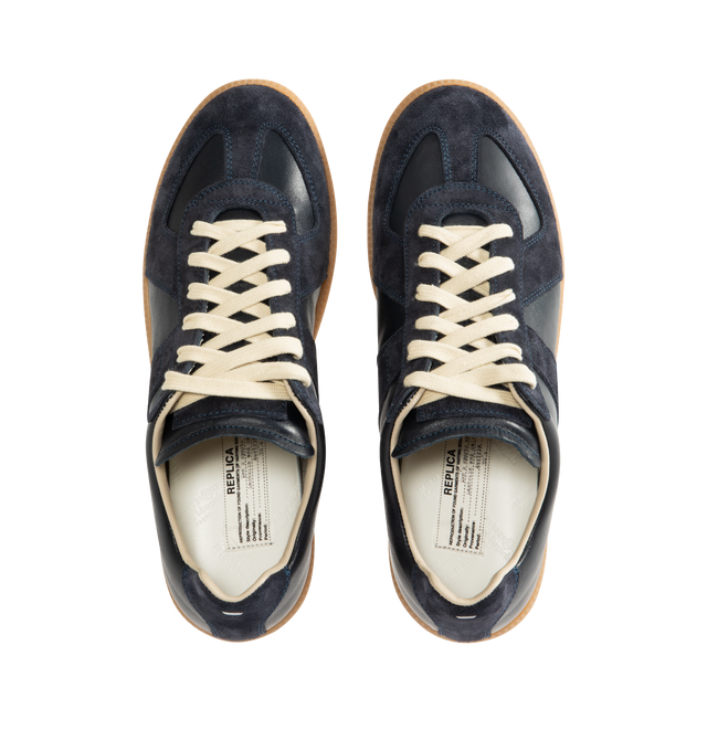 Image 5 of 5 - NAVY - MAISON MARGIELA Replica Sneakers featuring lace-up sneakers in buffed nappa calfskin and calfskin suede, contrasting sole, Maison Margiela logo label on the tab, internal Replica label, internal elastic and all-over Maison Margiela logo insole. 100% calf leather. Sole: 100% rubber. Made in Italy.