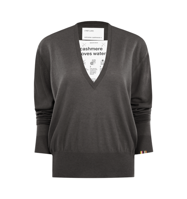 Image 1 of 2 - BROWN - EXTREME CASHMERE Collin Sweater featuring a regular fit, deep v-neckline, fine-knit wool cashmere blend and ribbed neck, hem and cuff details. 70% merino wool, 30% cashmere.