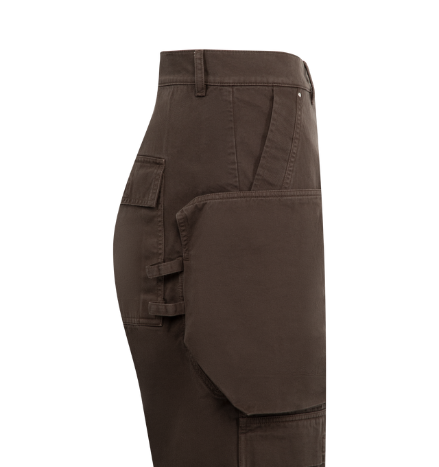 Image 3 of 3 - BROWN - DRKSHDW Stefan Cargo Pants featuring high-waist, belt loops, button and zip closure on the front, two side pockets, two patch pockets on the leg, wo flap pockets on the back and relaxed fit. 100% cotton.