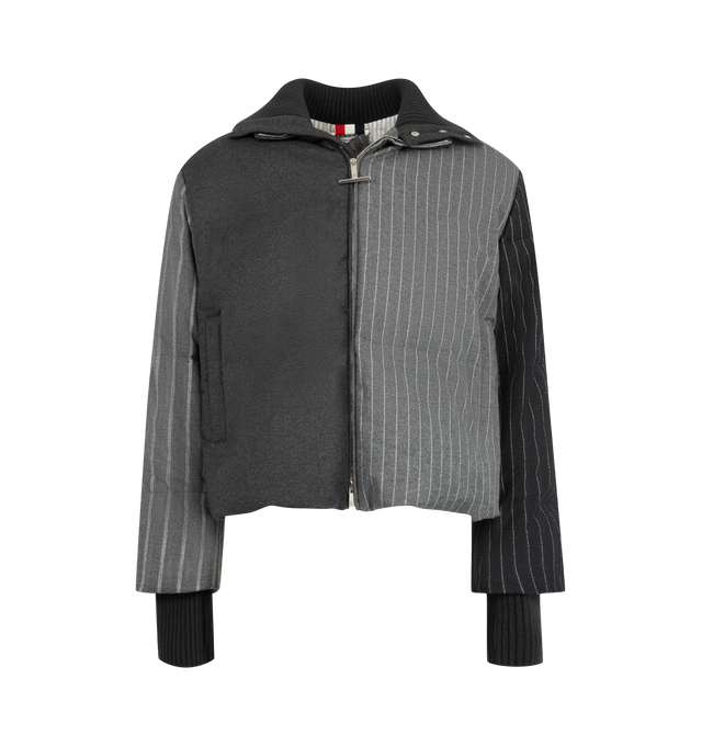 Image 1 of 3 - GREY - Thom Browne Men's Down-Filled Jacket is crafted from chalk stripe wool flannel and features a down-filled construction, a two-way front zip closure with T-pull, a stand collar, and an internal rib-knit collar inspired by technical skiwear. Designed with welt hand pockets with hidden zip closures, four internal pockets, detachable internal backpack straps, rib-knit storm cuffs, striped lining, and the brand's signature striped grosgrain loop tab, it balances performance-focused details