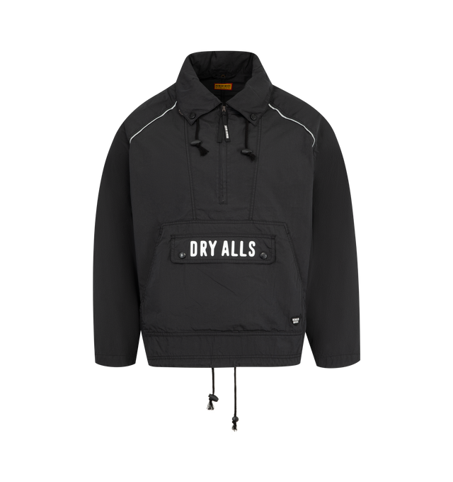 Image 1 of 3 - BLACK - HUMAN MADE Nylon Anorak Jacket featuring half-zip, wrinkled texture, packable hood with snap buttons on the collar, brand logo graphics, heart logo patch on the left chest, sleeve cut-outs, kangaroo pocket with a flap pocket and drawcord allows for silhouette adjustments. 80% cotton, 20% nylon.