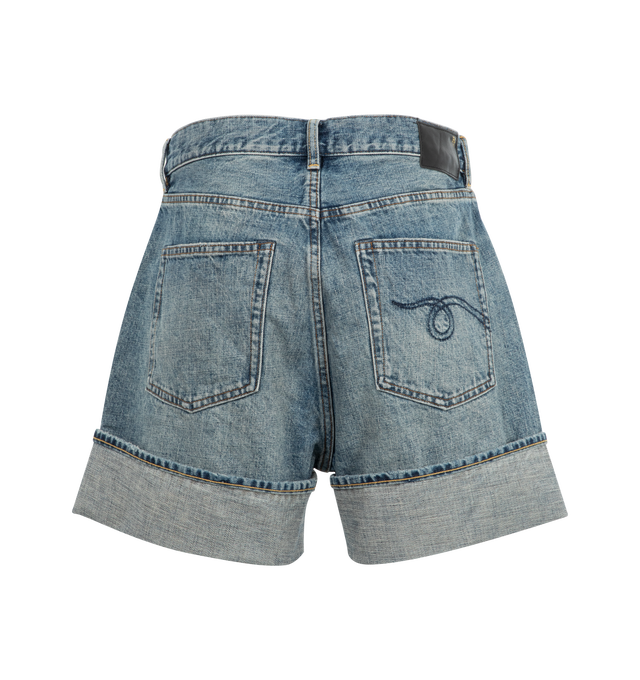 Image 2 of 3 - BLUE - R13 Nina Short featuring relaxed-fit, faded, subtly distressed nonstretch denim, zip fly with button closure, five-pocket style and cuffed hem. 100% cotton.