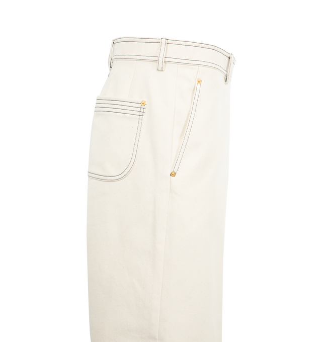 Image 3 of 3 - WHITE - THOM BROWNE Selvedge Denim Wide Leg Trouser featuring tab front closure, 2 back patch pockets and signature striped grosgrain loop tab. 100% cotton. Made in Italy.