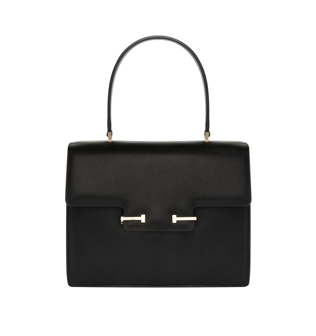 Image 1 of 3 - BLACK - TOM FORD Aube Small Leather Top-Handle Bag featuring smooth goatskin leather with the signature metal double "T" hardware, flat top handle, flap top with push-lock closure, interior, one slip pocket and leather lining. 7.4"H x 9.8"W x 3.5"D. Made in Italy.