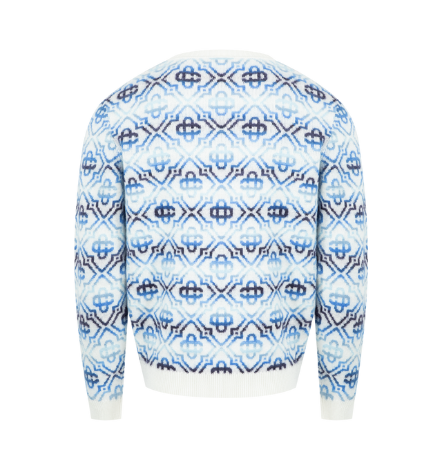 Image 2 of 3 - BLUE - CASABLANCA Monogram Knit Jumper featuring signature monogram crafted from a wool blend fabric, ribbed crew neck, cuffs, and hem and long sleeves. 98% merino wool, 1% polyamide, 1% elastane.