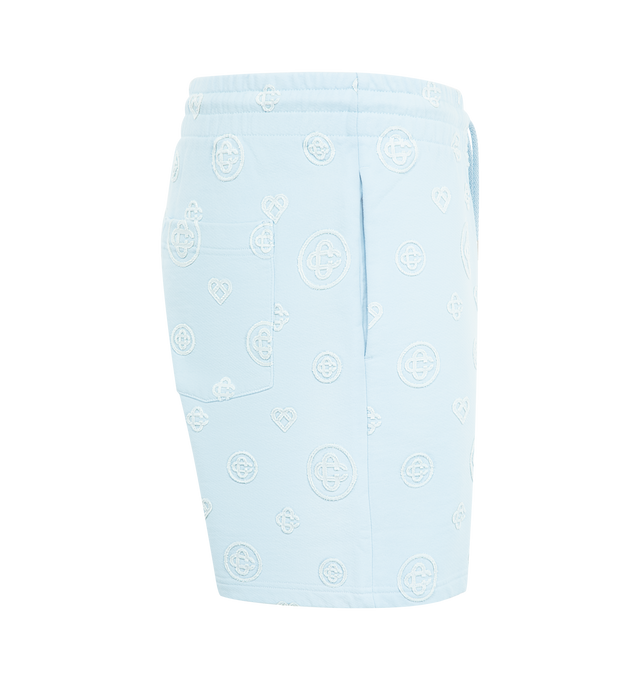Image 3 of 3 - BLUE - CASABLANCA Applique Monogram Sweatshorts featuring monogram print throughout, an elasticised waistband, drawstring fastening, in-seam side pockets, and a back patch pocket. 100% organic cotton. Made in Portugal.