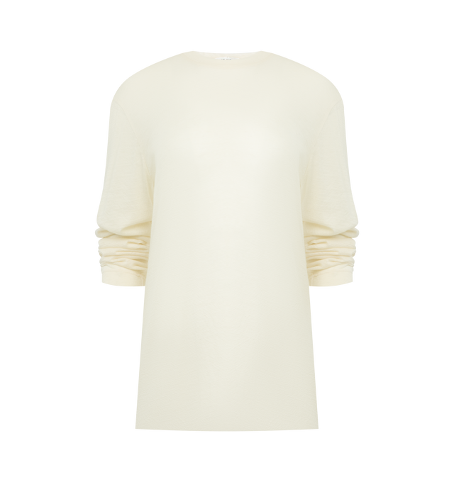 Image 1 of 2 - WHITE - THE ROW Amia T-Shirt featuring relaxed long-sleeved top in textured cotton jersey, ribbed crewneck, signature center back detail and spun from pure cotton slub yarn. 100% cotton. Made in Italy.