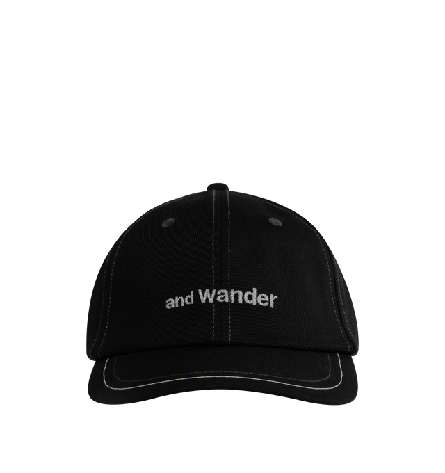Image 1 of 2 - BLACK - AND WANDER Logo Cotton Twill Baseball Cap featuring six-panel construction, embroidered branding at front, stitched eyelets and adjustable closure. 100% cotton. 