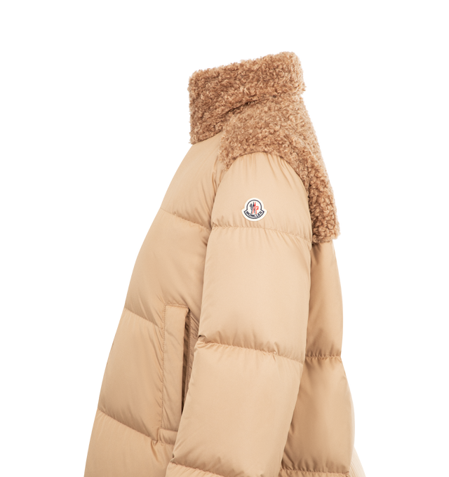 Image 3 of 3 - BROWN - MONCLER Esnaie Teddy-Trimmed Short Down Jacket featuring polyester lining, collar and back yoke in teddy fleece, down-filled, zipper closure and zipped pockets. 100% polyester. Padding: 90% down, 10% feather. Made in Moldova.