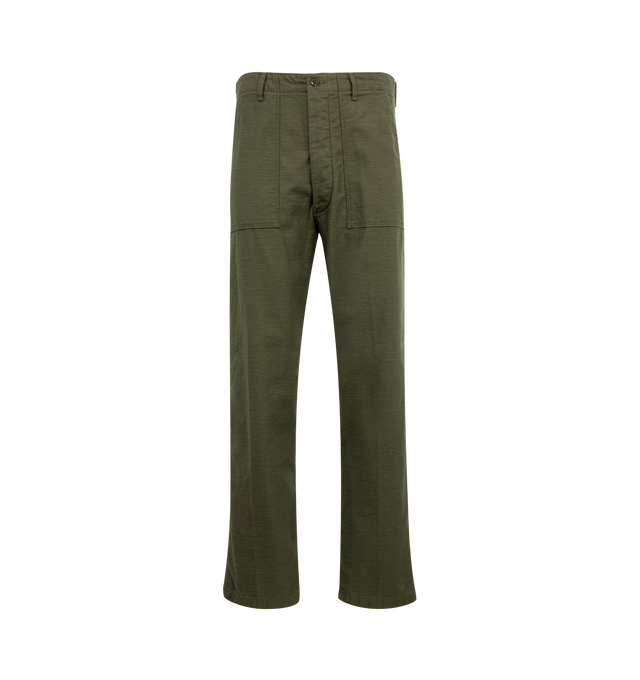 Image 1 of 3 - GREEN - ORSLOW Fatigue Pants featuring mid rise, side cinch waist, large front patch pockets and relaxed fit. 100% cotton. Made in Japan.