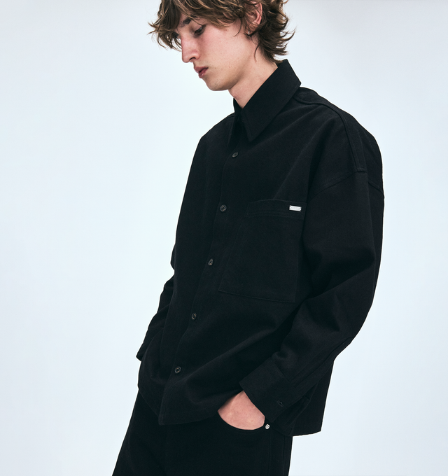 Image 4 of 6 - BLACK - NAHMIAS X HIRSHLEIFERS Denim Oversized Shirt featuring boxy fit, oversized and Nahmias button closure. 100% cotton.