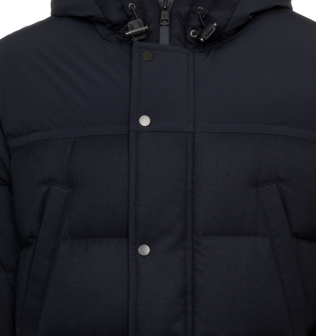 Image 4 of 4 - NAVY - MONCLER CANCHE SHORT PARKA featuring Nylon lger brillant lining, down-filled, detachable and adjustable hood, zipper and snap button closure and front pockets. 100% polyamide/nylon. Padding: 90% down, 10% feather. 