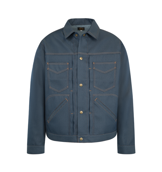 Image 1 of 3 - BLUE - NEEDLES Penny Jean Jacket in poly twill featuring snap button closure, four front pockets, classic collar, contrast stitching and button cuffs. 100% polyester.