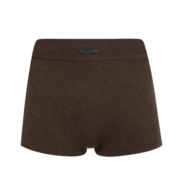 Image 1 of 3 - BROWN - FEAR OF GOD ESSENTIALS Rib Boy Short featuring a poly-nylon rib knit, a cropped silhouette and rib-knit elastic waistband with the new Fear of God rubberized label. 88% polyester, 12% nylon rib knit.