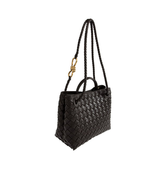 Image 3 of 5 - BLACK - Bottega Veneta small Andiamo handbag featuring intrecciato leather with leather top handle, sliding cross-body strap, compartmented interior with one zippered pocket, two open pockets and magnetic closure. 7.9" x 9.8" x 3.9". 100% lambskin. Made in Italy.