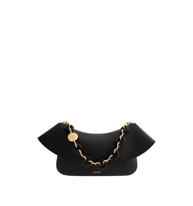 Image 1 of 4 - BLACK - LOEWE Medium Ola bag in smooth calfskin featuring a curved body, a flowing flap closure, a statement detachable donut chain, detachable tubular calfskin strap, one internal pocket, gold embossed LOEWE and engraved Anagram. Smooth Calf. 18 cm x 26 cm x 13 cm. Made in Spain.