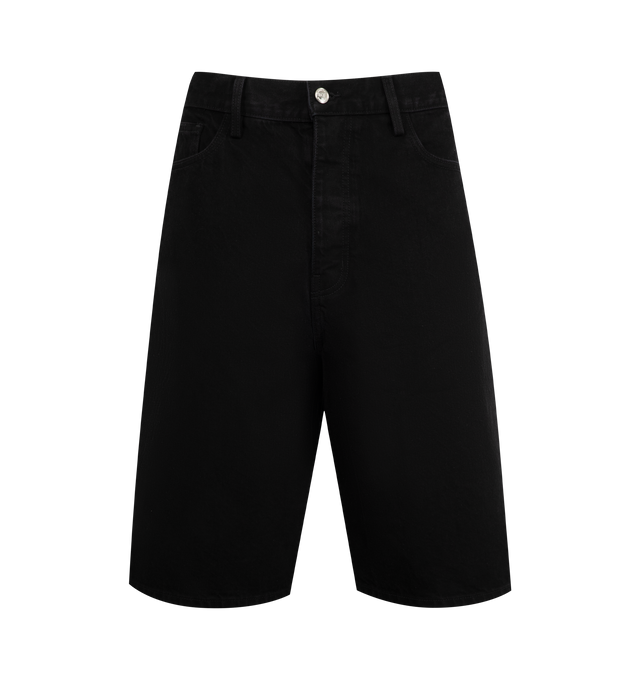 Image 1 of 3 - BLACK - Nahmias Denim Baggy Carpenter Shorts featuring regular fit, button closure, hammer loop on the back, carpenter pocket on the back and leather patch on the back. 100% cotton.