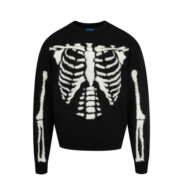 Image 1 of 2 - BLACK - MARKET Skelly Sweater featuing an intarsia-knit skeleton against a wool-blend backdrop, crewneck and long sleeves with ribbed cuffs. 80% wool, 20% nylon.