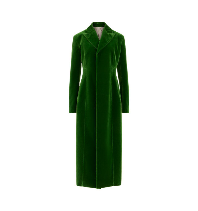 Image 1 of 1 - GREEN - Alaa Women's Green Velvet Tailored Coat is crafted from luxurious cotton velvet and features a double-breasted silhouette with sharp peak lapels and set-in sleeves. Designed with a straight cut and midi length, the refined tailoring is complemented by horn button closures and discreet zippered side pockets for a polished finish. Main Material: 100% cotton. Main Lining: 100% cupro. Made in Italy.