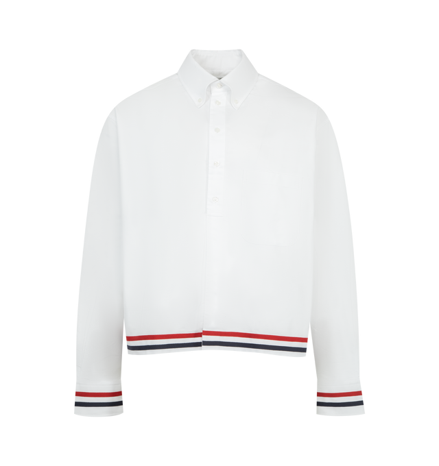 Image 1 of 3 - WHITE - THOM BROWNE RWB Rugby Oxford Shirt featuring cotton oxford cloth shirt, spread collar, button closure, patch pocket at chest, stripe appliqus at hem and cuffs, button vent at side seams, buttoned barrel cuffs, tricolor grosgrain flag at back collar and pleats and locker loop at back yoke. 100% cotton. Made in Italy.