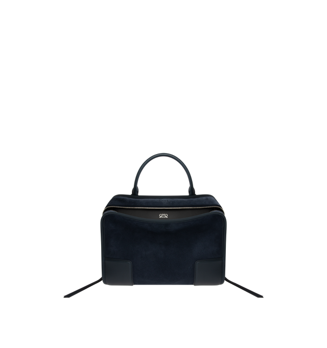 Image 1 of 5 - NAVY - LOEWE Large Amazona 180 Bag in suede featuring a relaxed silhouette anchored by a single toron top handle, designed to be carried open while a concealed closure secures the main compartment, removable shoulder and crossbody straps, zip closure with two leather zip pullers, two compartments, main compartment closed with magnetic closure, internal flat pocket, left side d-ring for customization, suede and nappa lambskin lining, embossed LOEWE and embossed double L branding. Suede/calf. 2
