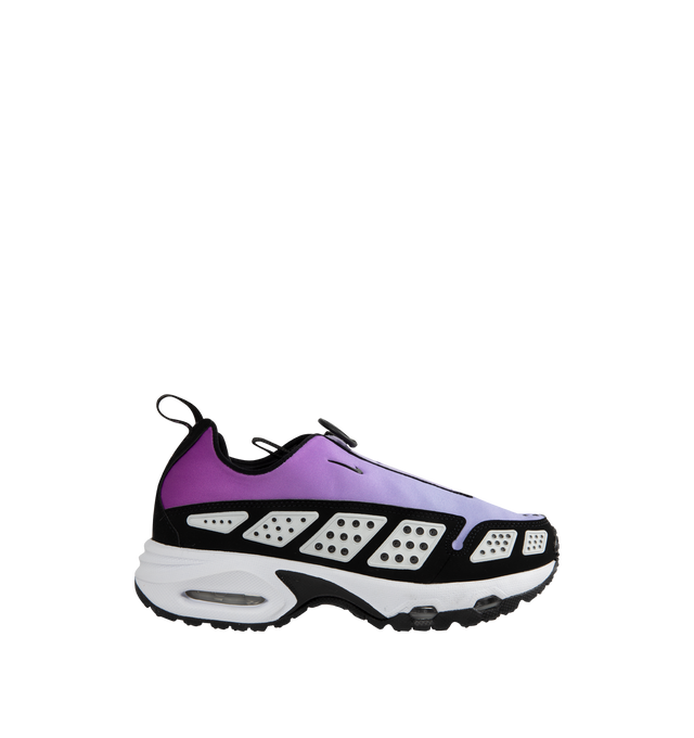Image 1 of 5 - PURPLE - NIKE Air Max SNDR Sneaker featuring Max Air cushioning bubblem, zip-off shroud reveals the number 6453; which spells NIKE on phone keyboards, removable insole, lace-up style, visible Max Air unit in the heel provides clear Air-Sole cushioning, reflective details enhance visibility in low light or at night, synthetic and textile upper and lining/rubber sole.