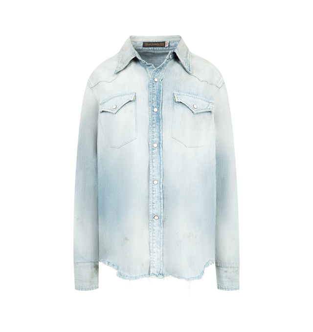 Image 1 of 2 - BLUE - FULLCOUNT Denim Western Shirt HW "Looks That Kill" featuring hand washed fading and creasing, pearl snap closure, western yoke front and back, dual flap pockets and curved hem. 100% cotton.