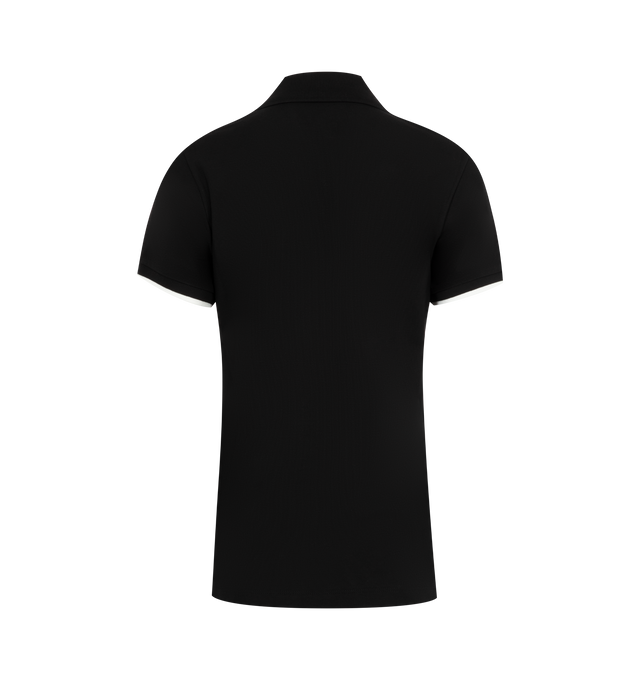 Image 2 of 2 - BLACK - MONCLER Polo Shirt featuring straight fit, polo collar with short press stud placket, ribbed knit details with contrasting stripe on sleeve and logo patch. 100% cotton.