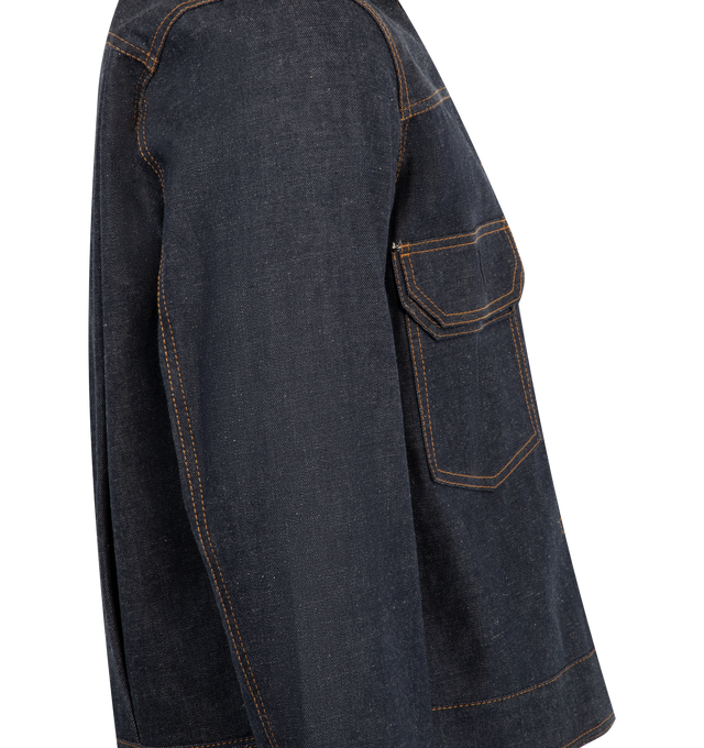 Image 3 of 3 - BLUE - SACAI Denim Jacket featuring spread collar, button closure, pleats at front, flap pockets, single-button barrel cuffs, twin pleats at back yoke and contrast stitching in tan. 100% cotton. Made in Japan.