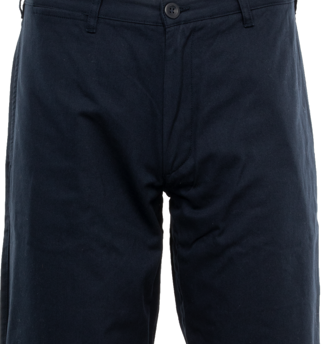 Image 4 of 5 - NAVY - NOAH Pajama Chino featuring flat front with zip-fly and button-closure, watch pocket at waist, side seam front pockets and besom back pockets with button-closure and contrast piping at hem and back pockets. 100% cotton twill. Made in Portugal.  