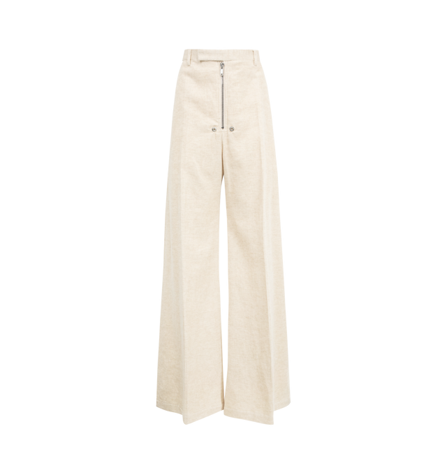 Image 1 of 3 - WHITE - RICK OWENS Tailored Wide Bela Pant featuring full length, a low crotch, wide legs, waistband with belt loops, button closure, exposedfront zipper with two snap detail at bottom, side welt pockets and two rear welt pockets. 74% cotton, 26% linen.