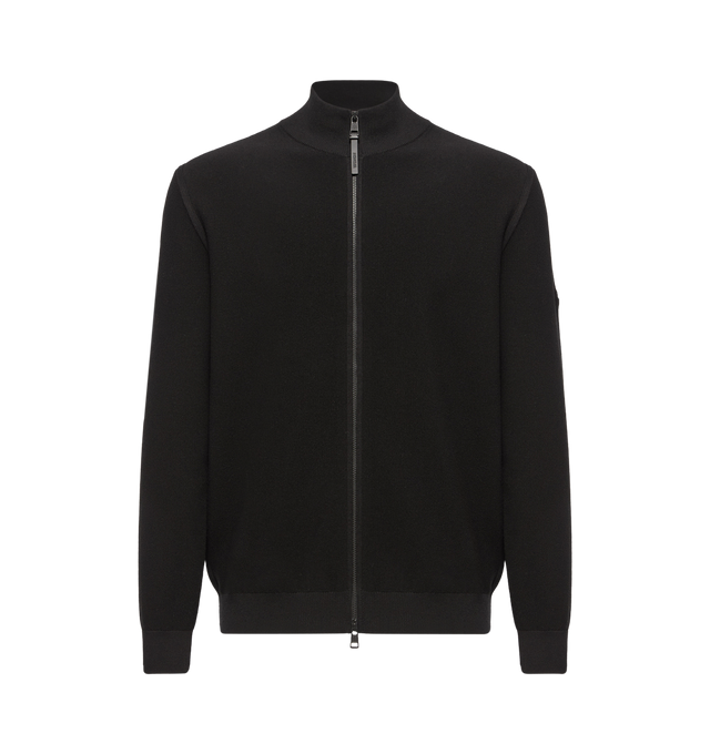 Image 1 of 2 - BLACK - MONCLER Cotton Zip-Up Cardigan featuring gauge 14, zipper closure and leather logo patch. 100% cotton.