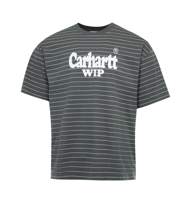 Image 1 of 1 - BLUE - CARHARTT WIP Orlean Spree T-Shirt featuring lightweight cotton jersey, stripes throughout, rib knit crewneck and graphic printed at front. 100% cotton. Made in Bangladesh. 