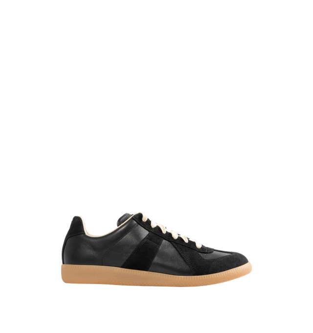 Image 1 of 5 - BLACK - Maison Margiela Replica Sneakers featuring lace-up sneakers in nappa leather and crust leather, contrasting sole, Maison Margiela logo label on the tab, internal Replica label, internal elastic and all-over Maison Margiela logo insole. 100% calf leather. Sole: 100% rubber. Made in Italy.