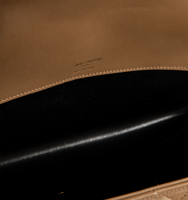 Image 4 of 4 - BROWN - SAINT LAURENT Loulou Large Bag featuring chain bag in soft lambskin with chevron-quilted topstitching, a removable leather pouch and pocket mirror, a sliding chain strap, grosgrain lining, bronze-toned hardware, magnetic snap closure and one flat pocket. 12.6" x 8.7" x 3.9". 90% lambskin, 10% brass. Made in Italy.