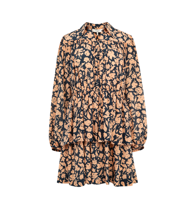 Image 1 of 2 - MULTI - CHLOE Floral Gathered Silk Minidress featuring silk crpe de chine, mini length, a gathered, tiered silhouette, long sleeves and all-over floral print. 100% silk. Made in Italy.