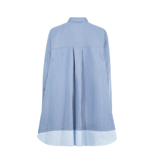 Image 2 of 2 - BLUE - SACAI Mixed Stripe Oversize Poplin Button-Up Shirt featuring front button closure, point collar, stripes throughout, long sleeves with button cuffs, chest patch pocket and curved hem. 65% polyester, 35% cotton. Made in Japan.