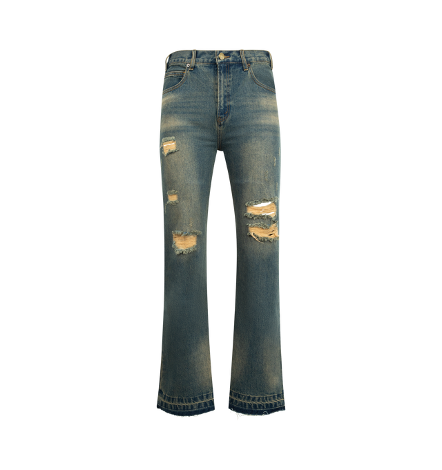 Image 1 of 3 - BLUE - MIDNIGHT RODEO Distressed Denim Jeans featuring zip fly with button closure, 5-pocket design, intentionally distressed denim fabric and rips on front. 100% cotton.