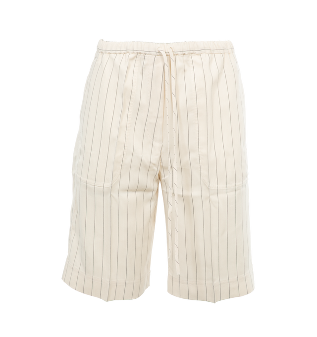 Image 1 of 4 - WHITE - TOTEME Relaxed Pinstripe Shorts featuring relaxed and fluid silhouette suspended from an elasticated drawstring waist and are fitted with side and back pockets. 76% viscose, 24% lyocell. 