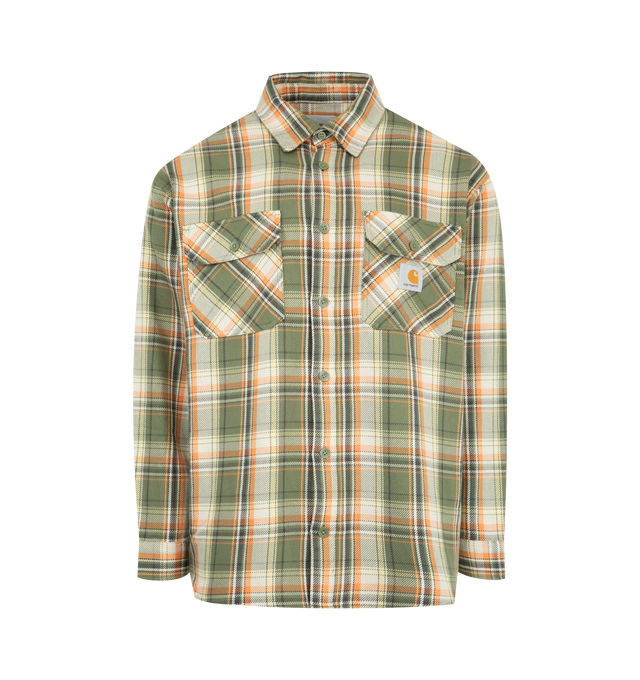 Image 1 of 2 - GREEN - CARHARTT WIP Tunick Plaid Twill-Cotton Shirt featuring button fastening, relaxed fit, collar, long sleeves, front pockets with brand patch, twill fabrication and plaid pattern. 100% cotton.